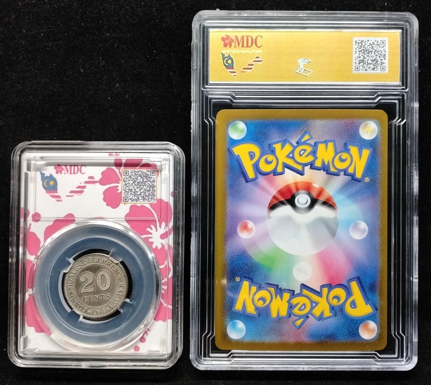 4pcs Mixed Lot: Pokemon / Malaya / Guatemala / Zimbabwe. 2024 / 1948 / 2023 / 2020 | Terapagos ex / 20 Cents / 1 Quetzal / 50 Dollars | MDC 8.5 NM Mint+ / MS 62 / 64 GPQ / 67 GPQ | Serial : 088/102 RR & B04980550A & AJ2003871 | KM#9. P#128. P#105a.