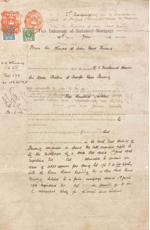 Straits Settlements (Penang, Malaysia), 1926, Penang Statutory Mortgage Document Featuring $1 "PENANG" Embossed Revenue Marking
