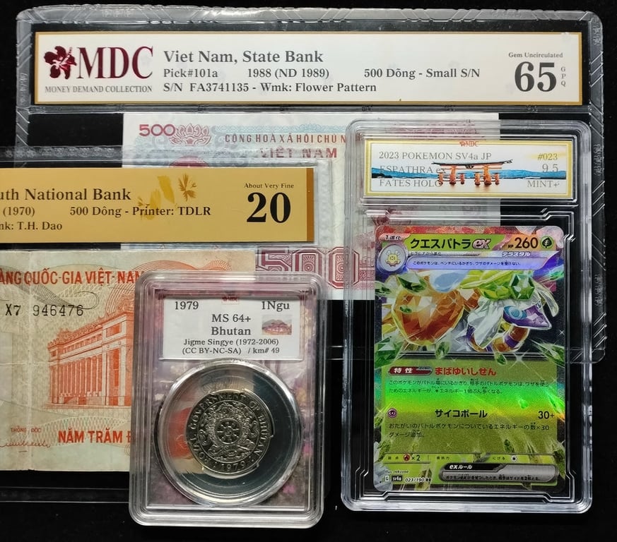 4pcs Mixed Lot: Bhutan / Pokemon / Viet Nam. 1979 / 2023 / 1970 / 1988 | 1 Ngu / 500 Dong | MDC MS 64+ / 9.5 Mint+ / 20 / 65 GPQ | Serial :X7 946476 & FA3741135 | KM#49. P#28a. P#101a