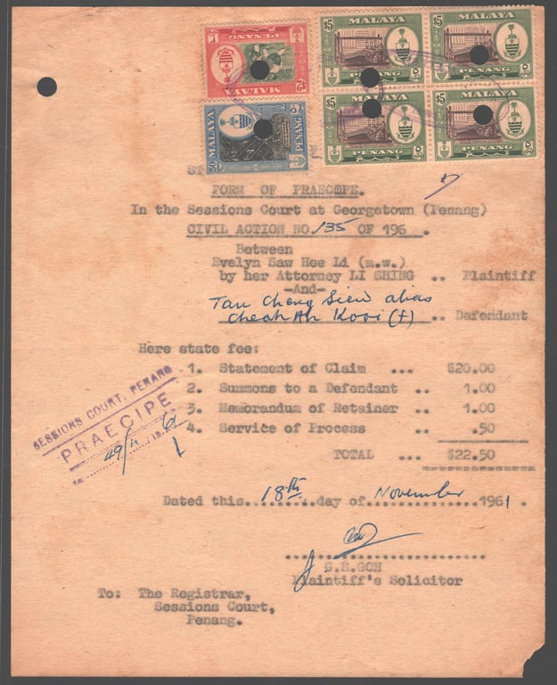 Malaya, 1961, Used, Form of Praecipe Revenue Stamp, $5x4, $2, 50cents