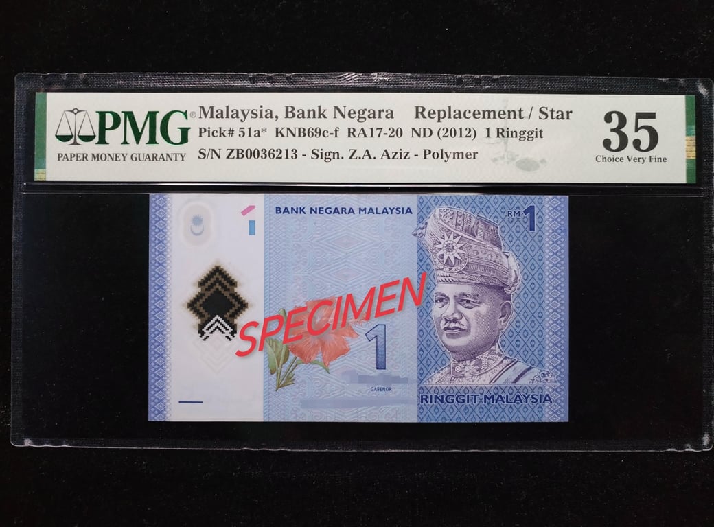 Malaysia，2012，1 Ringgit，ZB0026213，Tan Sri Dato' Sri Dr. Zeti Akhtar Aziz，PMG 35，Replacement #ZB，Qty 1