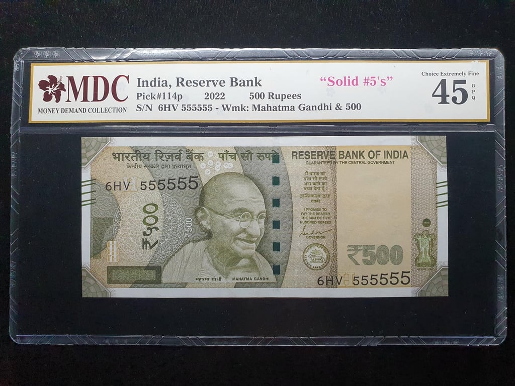 India，500 Rupees，2022，6HV 555555，MDC 45GPQ，Solid #5's，1 Qty 