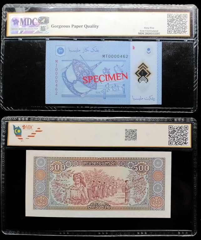 3pcs Mixed Lot : Straits Settlements / Lao / Malaysia. 1920 / 1988 / 2017 | 1 Cent & 500 Kip & 1 Ringgit | MDC XF 40 & 64 / 65 GPQ | Serial : XX0547657 / MT0000462 | KM#32. P#31a. P#51b