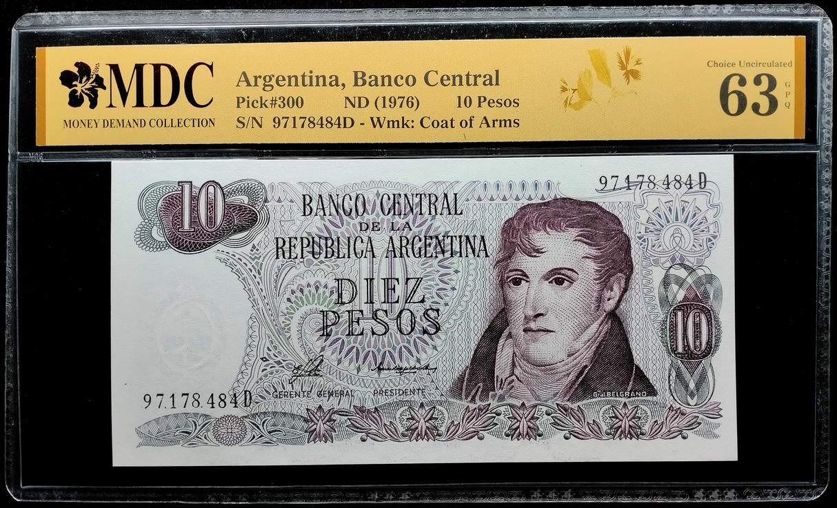 P#300. Argentina. 10 Pesos. 1976. 97178484D. MDC 63 GPQ