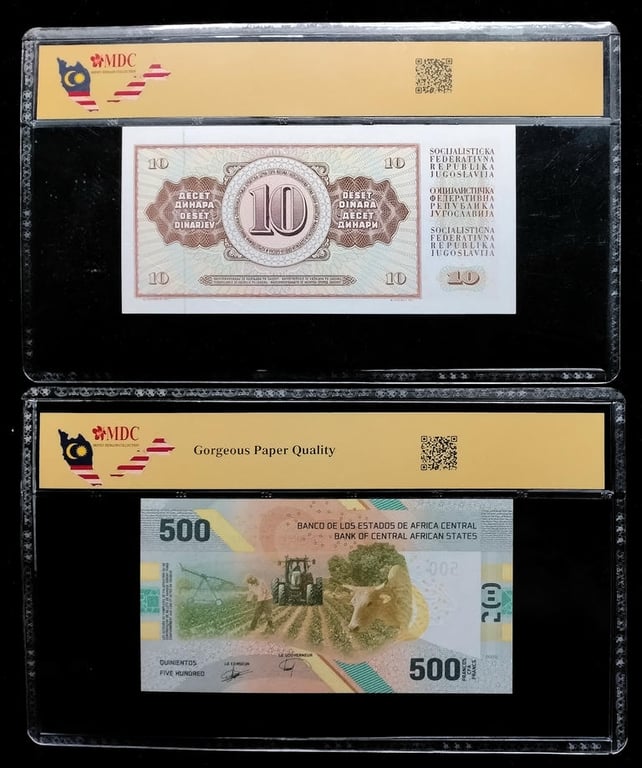 4pcs Mixed Lot: Pokemon / Nepal / Central African States. 2021 / 1911 / 2020 / 1978 | Paisa / 500 Francs / 10 Dinara | MDC 9.5 Mint+ / AU 53RB / 64 GPQ / 64 | Serial: 01751332 F2 & AZ7970163 | KM#629. P#700. P#87a