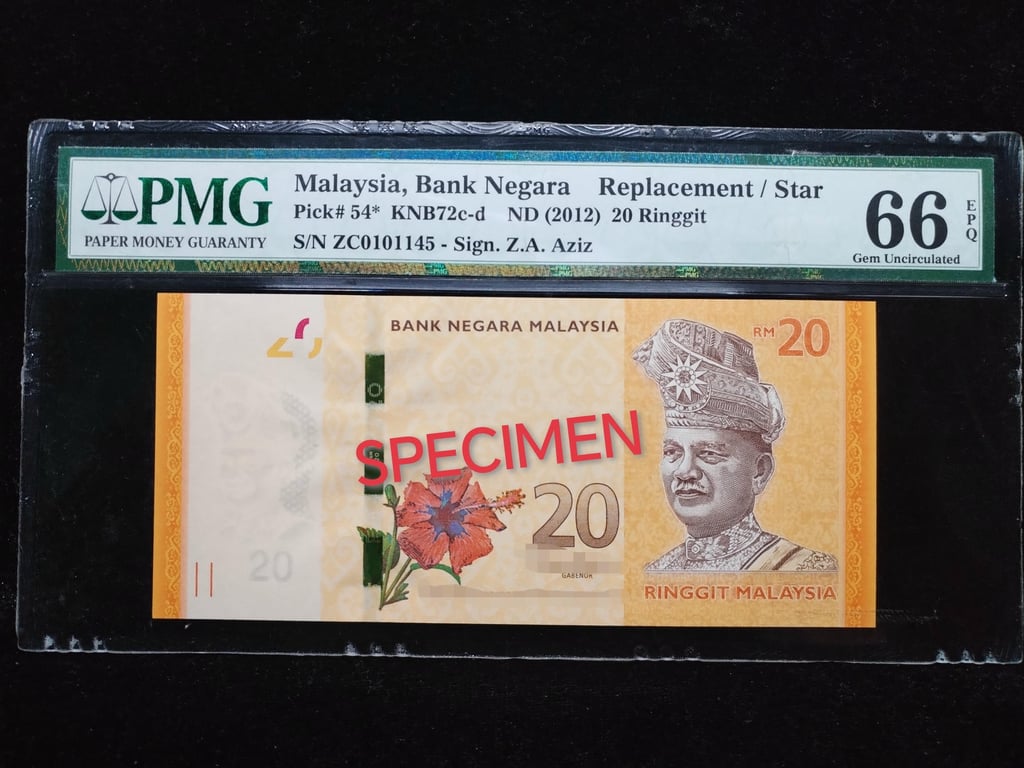 Malaysia，2012，20 Ringgit，ZC0101145，Tan Sri Dato' Sri Dr. Zeti Akhtar Aziz，PMG 66 EPQ，Replacement #ZC，Qty 1
