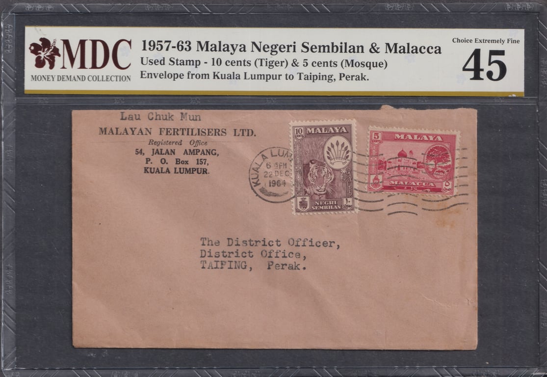 Malaya, 1957-63, MDC 45, 1957-63 Malaya Negeri Sembilan & Malacca, Envelope from Kuala Lumpur to Taiping, Perak.