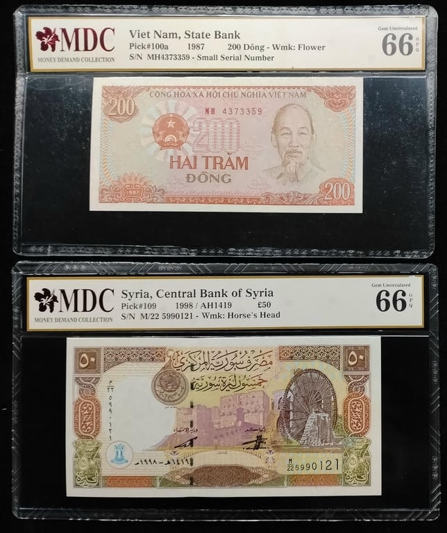 3pcs Mixed Lot: Malaya / Syria / Viet Nam. 1961 / 1998 / 1987 | 1cent / 50 Pounds / 200 Dong | MDC MS 65 BN / 66 GPQ | Serial :M/22 5990121 & MH4373359 | KM#5. P#109. P#100a