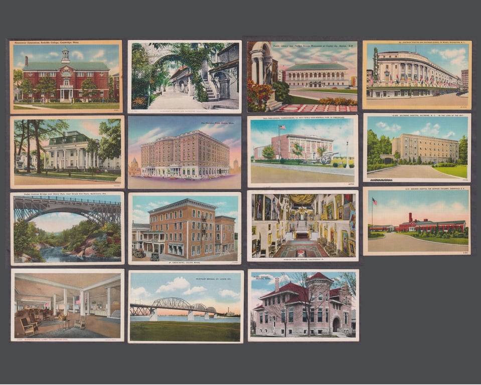 US, 1930 - 1950, Collection of 15 Vintage Colours Postcards (Public Buildings, Hotels & Landmarks) Unites States, c. 1930s -1950s., Vintage Postcards & Paper Ephemera, Qty - 15