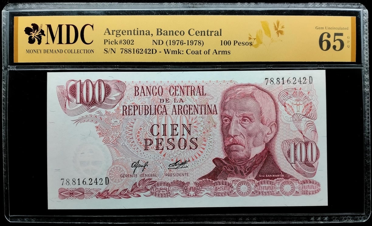 P#302. Argentina. 100 Pesos. 1976-1978. 78816242D. MDC 65 GPQ