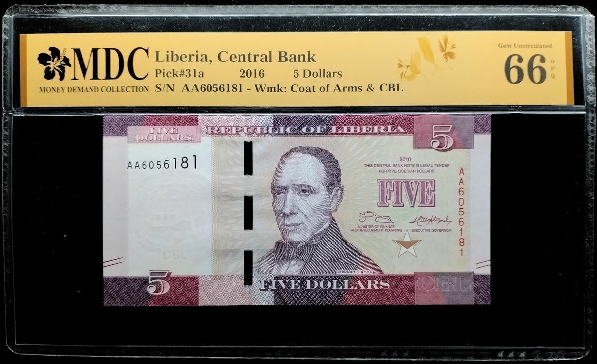 P#31a. Liberia. 5 Dollars. 2016. AA6056181. MDC 66 GPQ