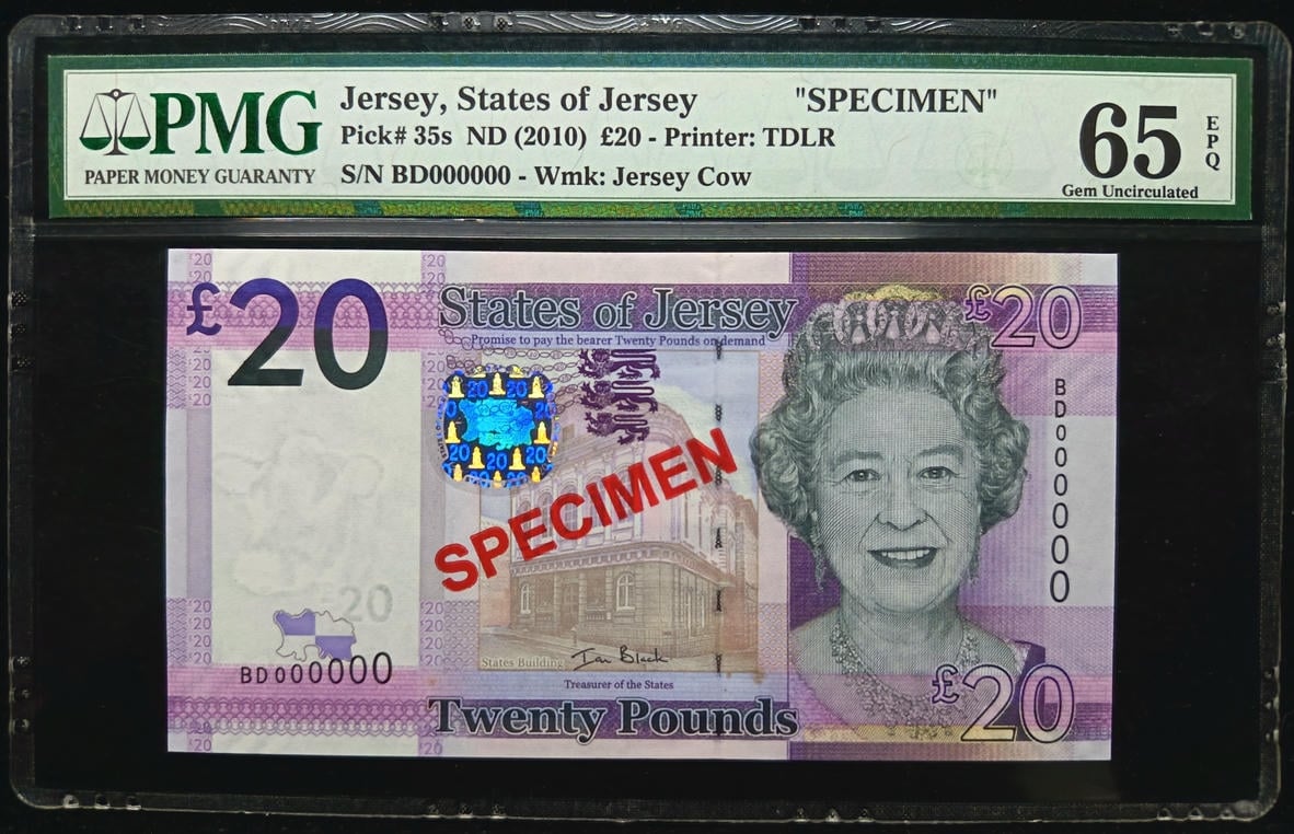 P#35s. Jersey. 20 Pounds. 2010. BD000000 "SPECIMEN". PMG 65 EPQ - Foxing