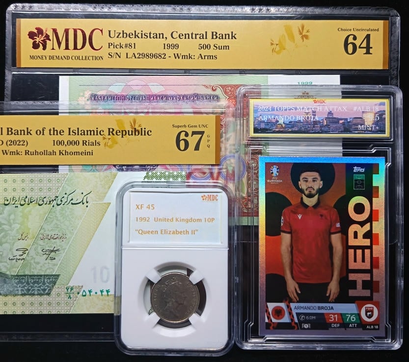 4pcs Mixed Lot: Match Attax / United Kingdom / Iran / Uzbekistan. 2024 / 1992 / 2022 / 1999 | Armando Broja / 10 Pence / 100,000 Rials / 500 Sum | MDC 9.5 Mint+ / XF 45 / 67 GPQ / 64 | Serial : ALB 18 & Queen Elizabeth II & 76/8 054044 & LA2989682 | P#163. P#81.