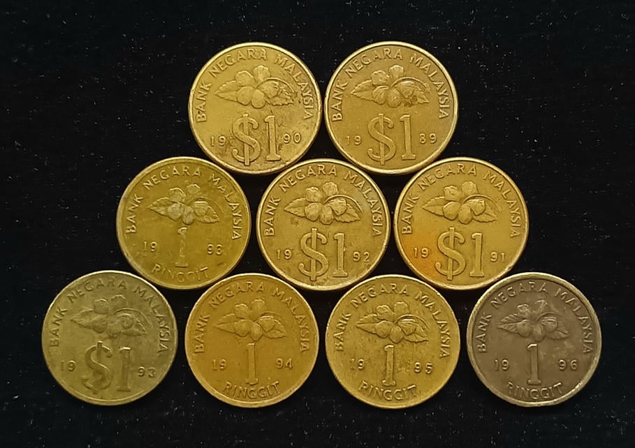9pcs Lot: Malaysia. 1989 - 1996 | 1 Ringgit | VF - XF