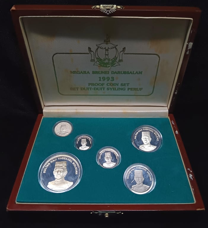 Brunei，1993，1sen 2.92g, 5sen 1.65g, 10sen 3.35g, 20sen 6.51g, 50sen 10.82g, 1 Dollar 18.06g，Silver 92.5 %，Proof Coin, Slight Oxidation, 6 Qty