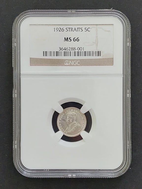 ⭐ Straits Settlement, 1926, 5 Cents, Vintage Coin, NGC MS 66, Qty-1