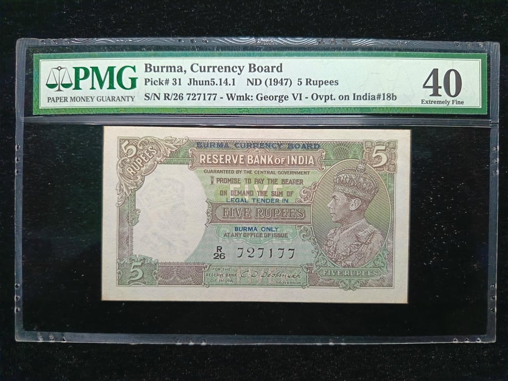 Burma，1947，5 Rupees，R/26 727177，PMG 40，1 Qty 