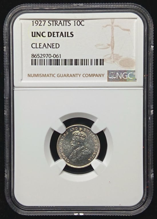 KM#29a. Straits Settlements. 1927. 10cents. NGC UNC DETAILS. Silver 0.400 - 2.71g