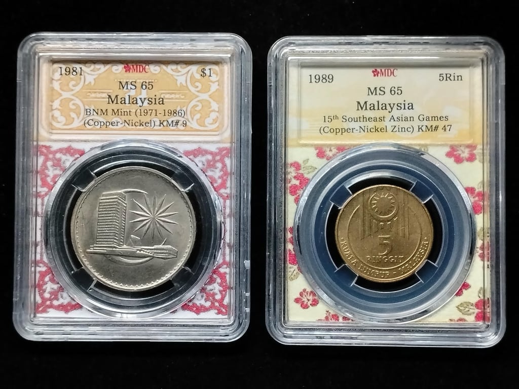 2pcs Lot: Malaysia 1989 / 1981 | 5 Ringgit / 1 Ringgit | MDC MS 65 | KM#47 / KM#9