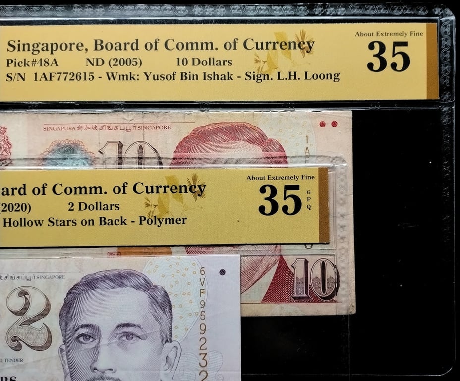 2pcs Lot: Singapore. 2020 / 2005 | 2 Dollars / 10 Dollars | MDC 35 GPQ / 35 | Serial : 6VF959232 & 1AF772615 | P#46m. P#48A.