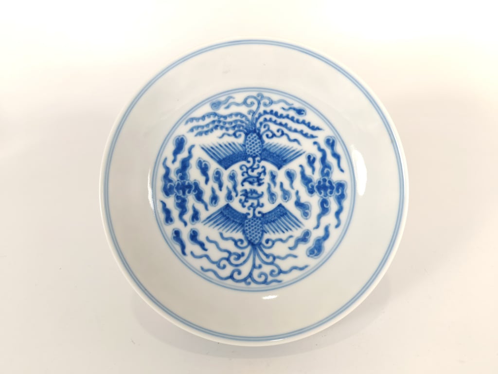 清光绪 青花双凤凰云纹盘 Qing Dynasty Guangxu Blue and White Double Phoenixes Cloud Motif Plate, Qty-1