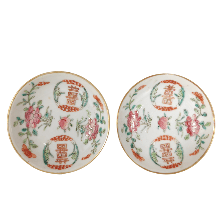 Late Qing Dynasty White Ground Double-Happiness Peach Peony Sauces Dishes 晚清 白地双喜寿桃牡丹酱盘, Qty - 2