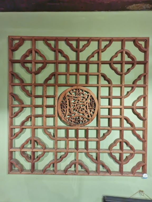 Chinese Carved Wood Lattice Panel with Fu-Character centered and "Zhao-Cai-Jin-Bao" Characters