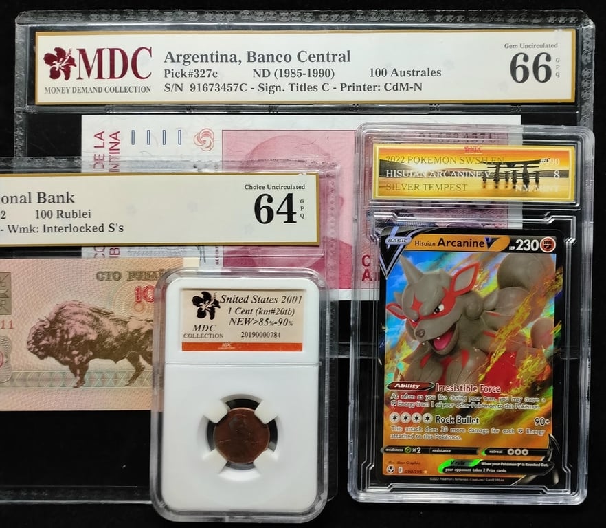 4pcs Mixed Lot: Snited States / Pokemon / Belarus / Argentina. 2001 / 2022 / 1992 / 1985 | 1cent / 100 Rublei / 100 Australes | MDC 85%-90% / 64 GPQ / 66 GPQ | Serial : AIA 6984711 & 91673457C | P#8. P#327c