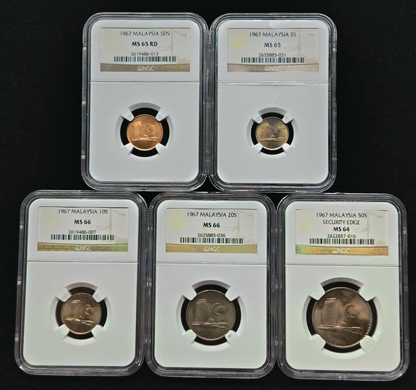 Malaysia，1967，1 sen ( NGC MS 65 RD ), 5 sen ( NGC MS 65 ), 10 sen ( NGC MS 66 ), 20 sen ( NGC MS 66 ), 50 sen ( NGC MS 64 ), 5 Qty