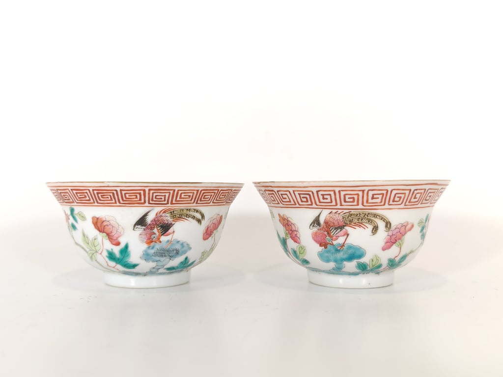 Late Qing Dynasty White Ground Pheasant Peony Plum Blossom Key Fret Border Bowls 晚清 白地雉鸡牡丹梅花回纹沿边碗, Qty - 2