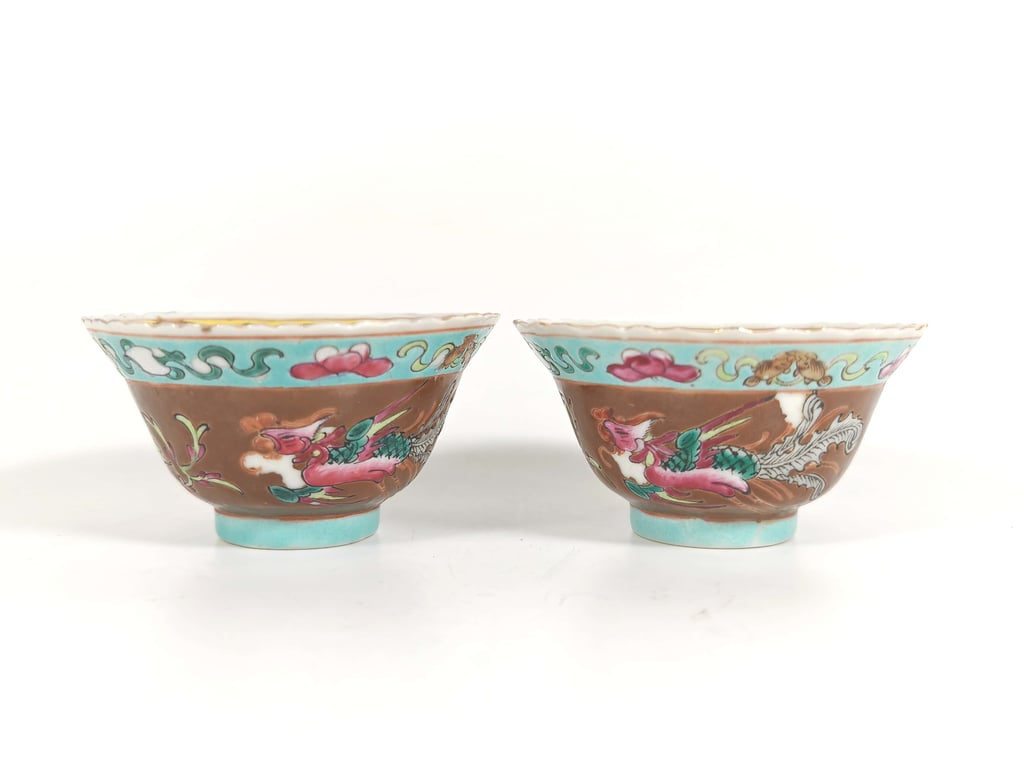 ⭐ Late Qing Dynasty Rare Famille Rose Brown Ground Pale Blue Border Phoenix Peony Buddhist Emblems Nyonya Cups晚清 稀有棕地浅蓝沿边凤凰牡丹八宝娘惹杯, Qty - 2