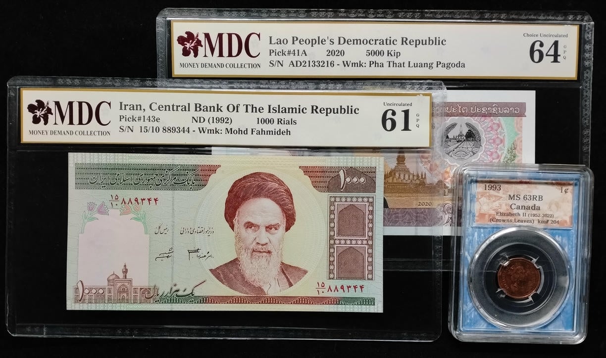 3pcs Mixed Lot: Canada / Iran / Lao. 1993 / 1992 / 2020 | 1 cent / 1000 Rials / 5000 Kip | MDC MS 63 RB / 61 GPQ / 64 GPQ | Serial : 15/10 889344 / AD2133216 | KM#204. P#143e. P#41A