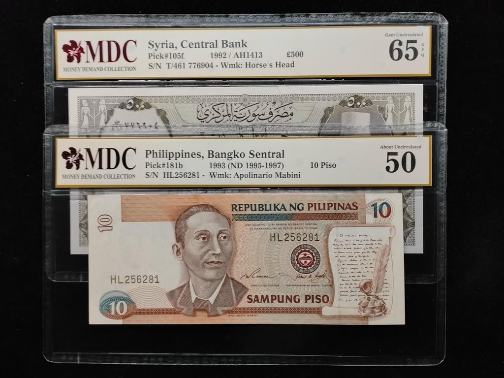 2pcs Mixed Lot: Philippines / Syria 1993 / 1992 | 10 Piso / 500 Pounds | MDC 50 / 65 GPQ | Serial: HL 256281 & T/461 776904 | P#181b / P#105f