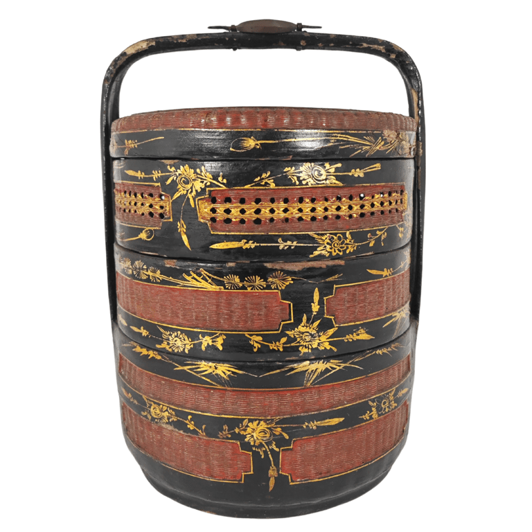 Old Gilded Birds Flowers Scholars Three-Layer Peranakan Ceremonial Wooden Tiffin Carrier 老式添金鸟花卉秀才三层侨生华人喜庆木制食物盒, Qty - 1
