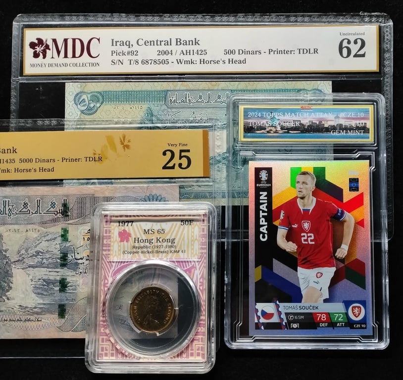 4pcs Mixed Lot: Match Attax / Hong Kong / Iraq. 2024 / 1977 / 2013 / 2004 | Tomas Soucek / 5 Cents / 5000 Dinars / 500 Dinars | MDC 10 Gem Mint / MS 65 / 25 / 62 | Serial : Cze 10 & H/108 7459229 & T/8 6878505 | KM#41. P#100a. P#92.