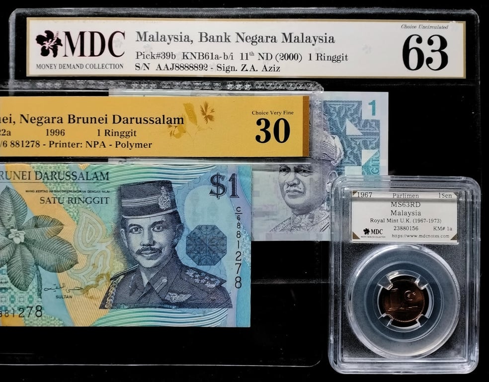 3pcs Mixed Lot: Malaysia / Brunei. 1967 / 1996 / 11th Series 2000 | 1 Sen / 1 Ringgit | MDC MS 63 RD / 30 / 63 | Serial : C/6 881278 & AAJ8888892. ( Tiger S/N #88888's ) | KM#1a. P#22a. P#39b.