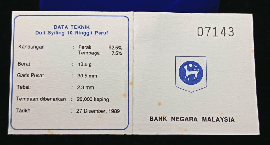 KM#57. Malaysia. 10 Ringgit. 1989. Melaka Bandaraya Bersejarah. Silver 0.925 - 13.60g. No:07143. Proof Coin. Oxidation. with box light foxing