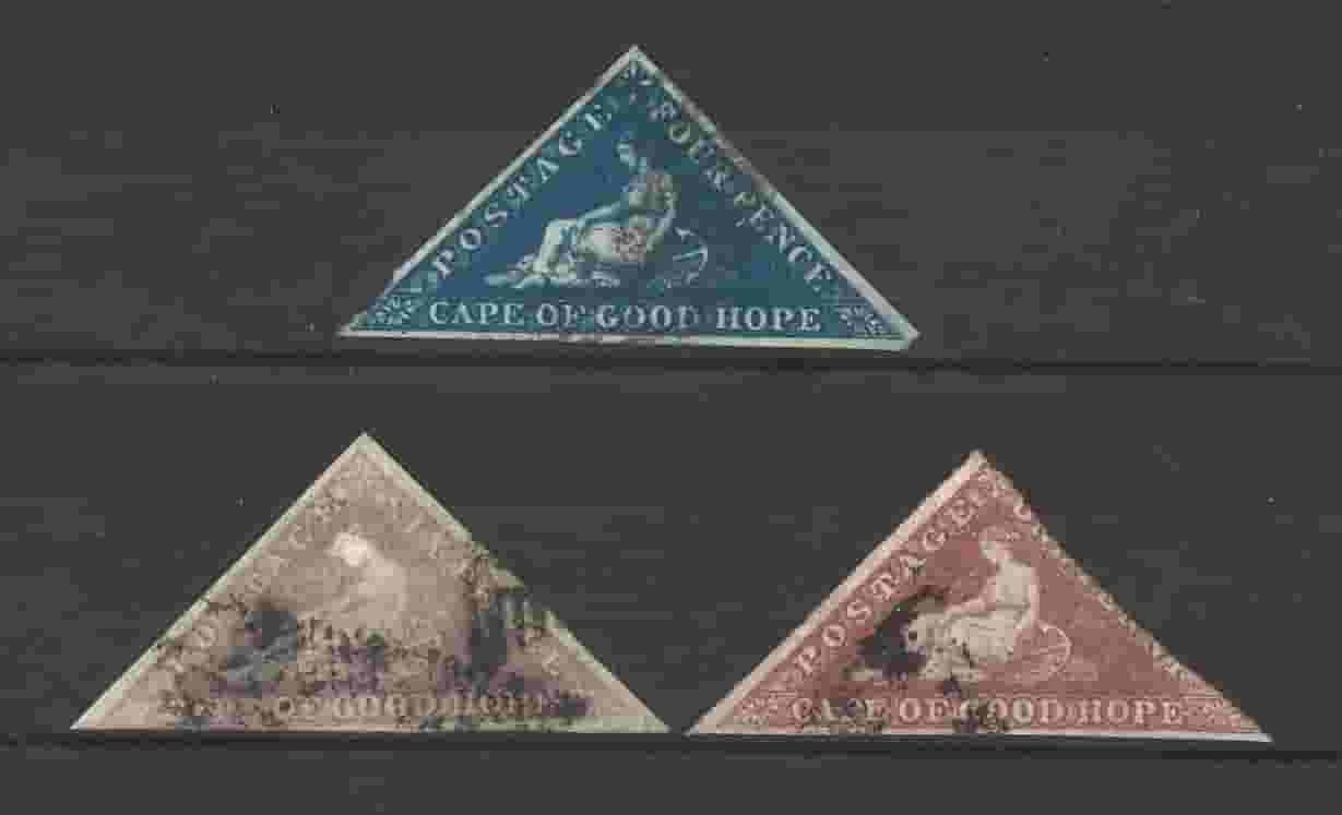 Cape Colony, Stamp, 1860's, Cape of Good Hope 3 Value Triangle Classic Stamps 6d with Minor Thin
