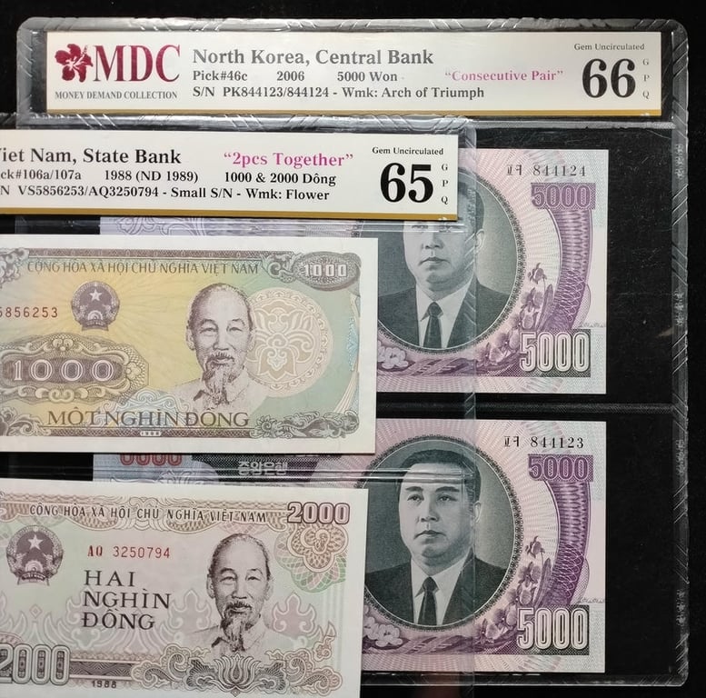 2pcs Mixed Lot: Viet Nam. North Korea. 1988 / 2006 | 1000 & 2000 Dong / 5000 won | MDC 65 GPQ / 66 GPQ | Serial : VS5856253 & AQ3250794 & PK844123 / 844124 | P#106a. P#107a. P#46c