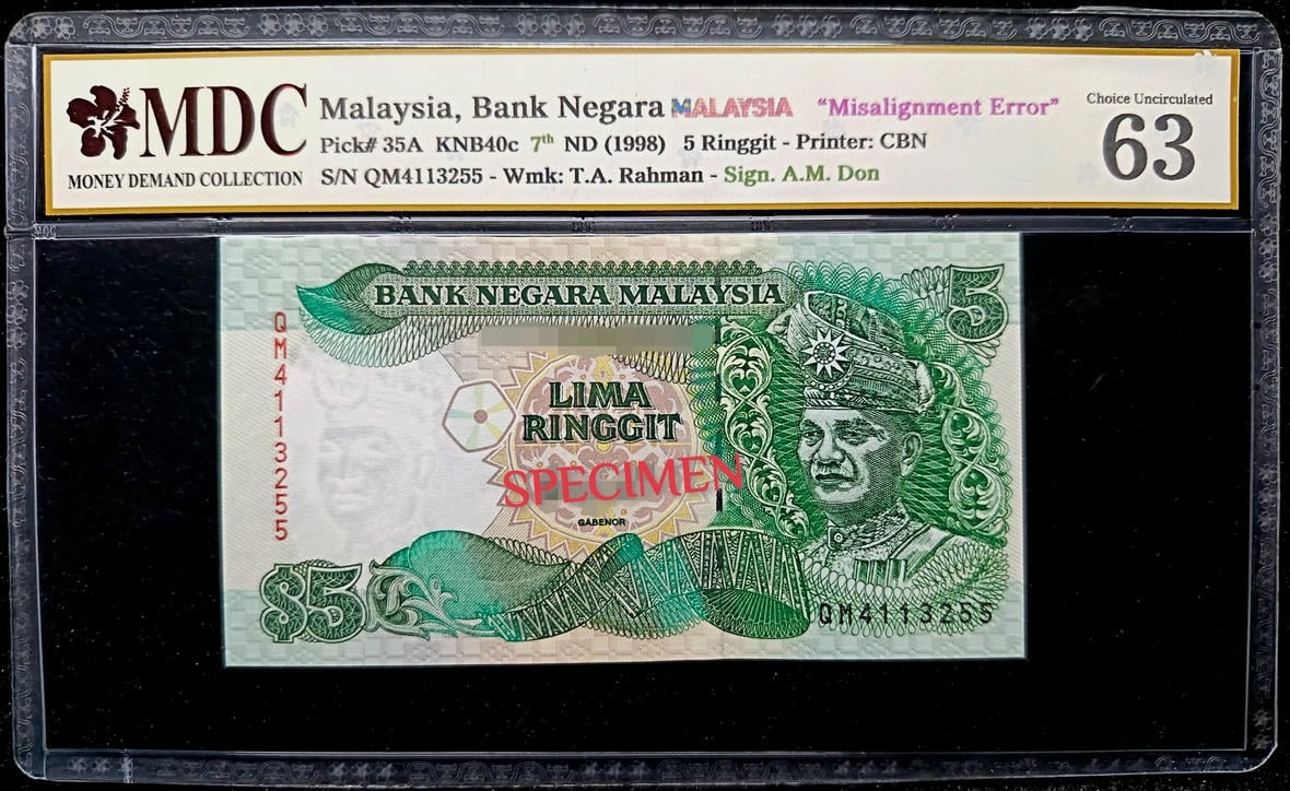 P#35A, Malaysia. 5 Ringgit. 7th Series 1998. QM4113255, Misalignment Error. MDC 63