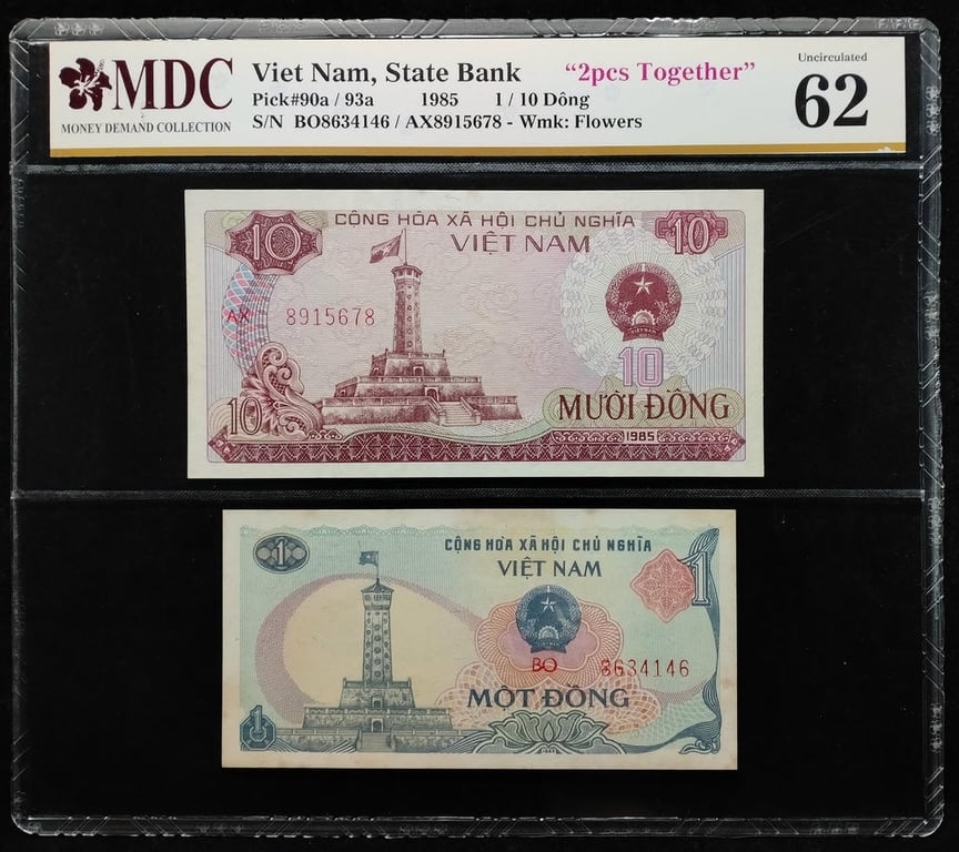 P#90a / 93a. Viet Nam. 1 Dong & 10 Dong. 1985. BO8634146*AX8915678. MDC 62