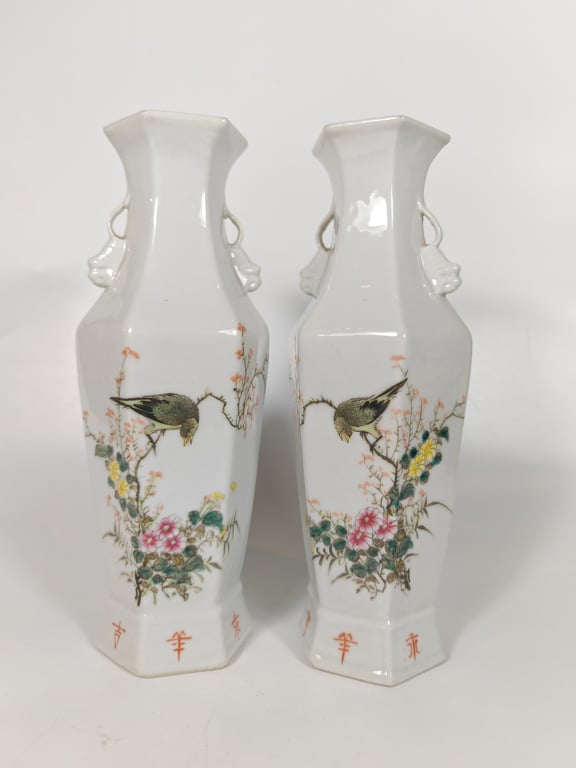 A Pair of White Ground Magpie Flowers Hexagonal Vases, Qty-2