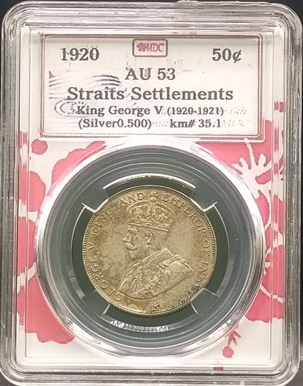 Strait Settlements, 1920, 50 Cents, King George V, Silver 0.5, MDC AU 53, Qty-1