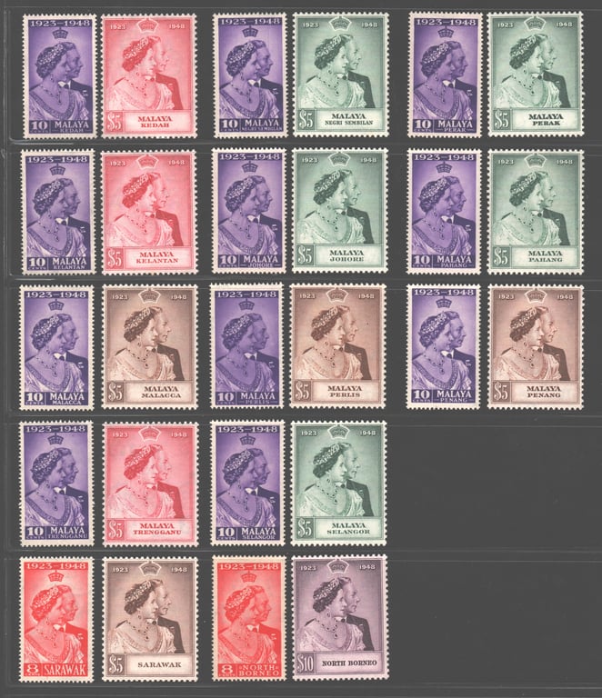 Malaya States, 1948, MH, Malaya States complete set of 1948 Silver Wedding including North Borneo and Sarawak