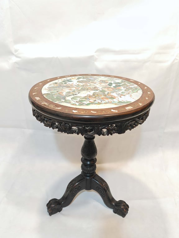 ⭐ Late Qing Dynasty Rare Wucai Warrior Batter Scene Mother-of-Pearl Brass Scrolls Rosewood Porcelain Plaque Tripod Round Table Top晚清 五彩刀马人物瓷板红木镶螺钿铜丝三足圆桌