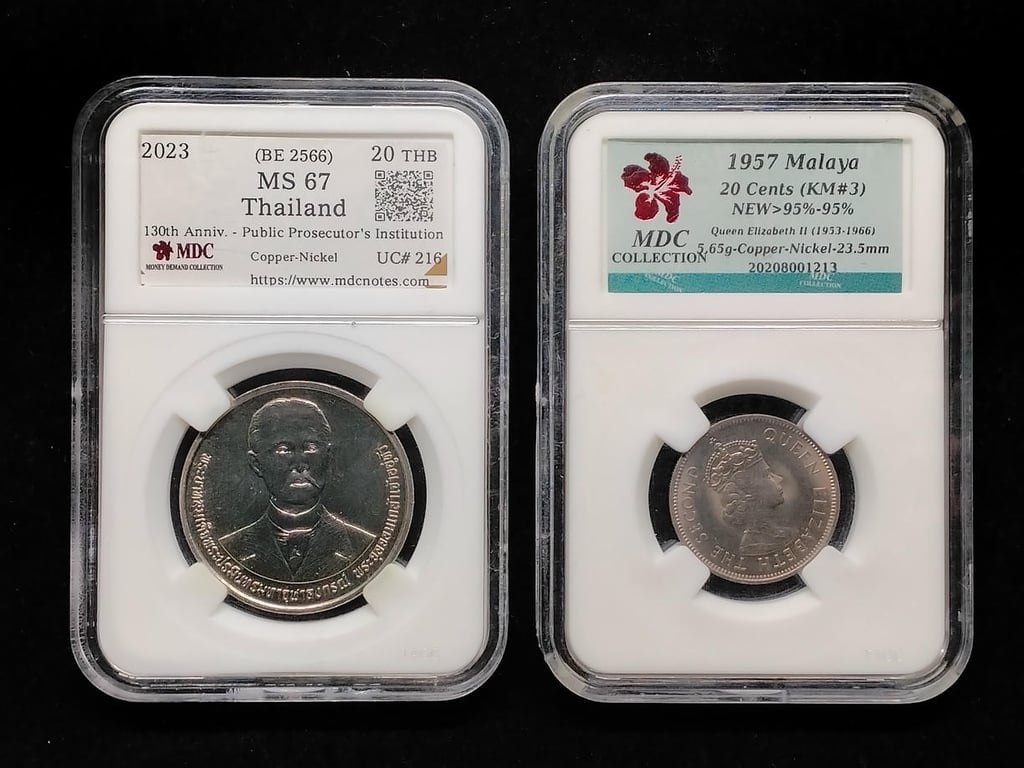 2pcs Mixed Lot: Thailand / Malaya 2023 / 1957 | 20 Baht & 20 Cents | MDC MS 67 & 20 Cents