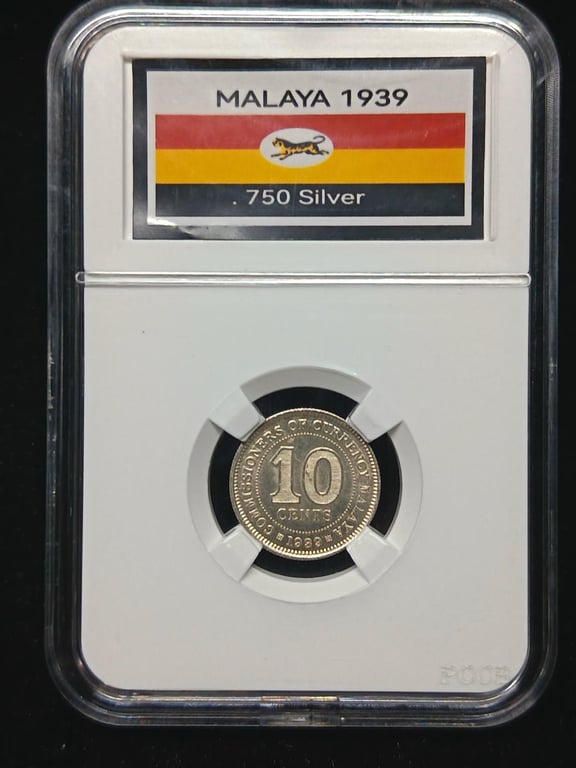 Malaya，1939，10 Cents，Silver 0.750 / 2.71g，UNC，1 Qty 