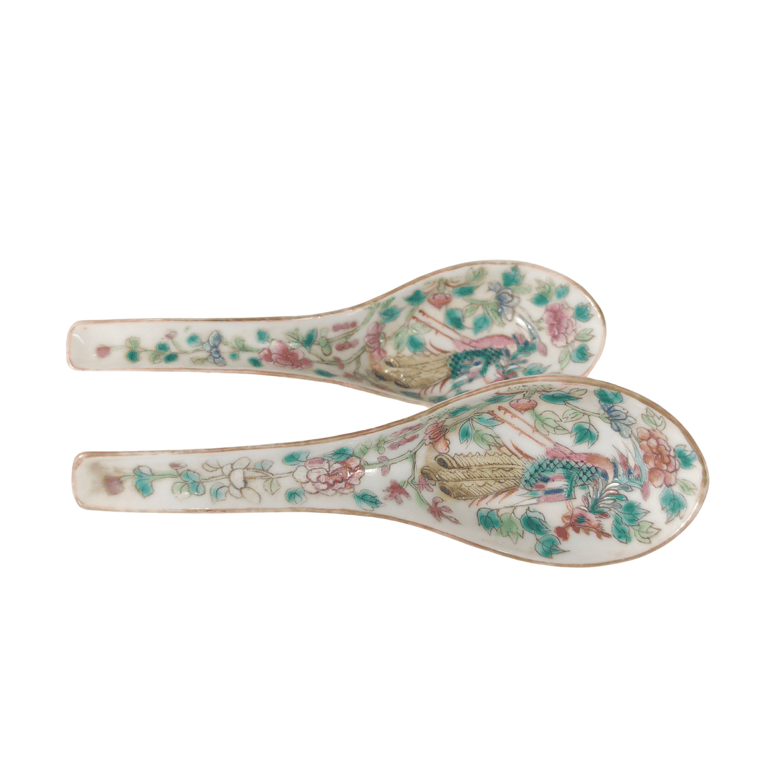 Unusual Late Qing Dynasty WhiteGround Phoenix Flowers Spoons 晚清 非凡白地凤凰花卉勺子, Qty - 2