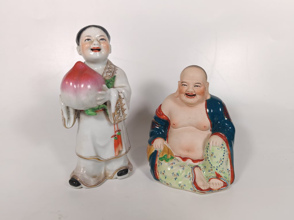 Vintage Laughing Buddha and Kid with Longevity Peach, Qty-2