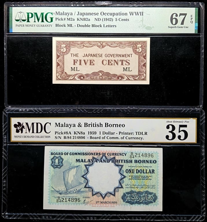 3pcs Mixed Lot: Malaya / Macau Fantasy. 1959 / 1942 | 1 Dollar / 5 Cents | MDC 35 / 67 GPQ & PMG 67 EPQ | Serial : B/84 214896 & GUWU MDC 00233 | Serial : B/84 214896 & GUWU MDC 00233 & Block ML | P#8A. P#M2a